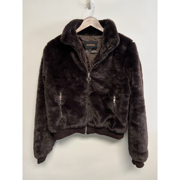 Faux Fur Brown Coat Y2K Style Retro Large Bomber Zip Up Soft Glam Old Hollywood - Picture 7 of 11
